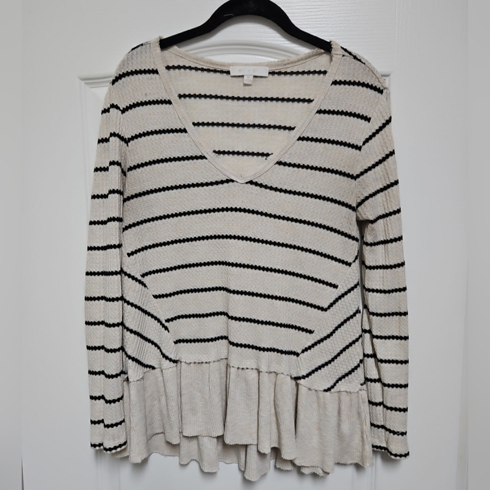 Eri + Ali Anthropologie Striped Peplum Sweater XS Cream Black Textured.